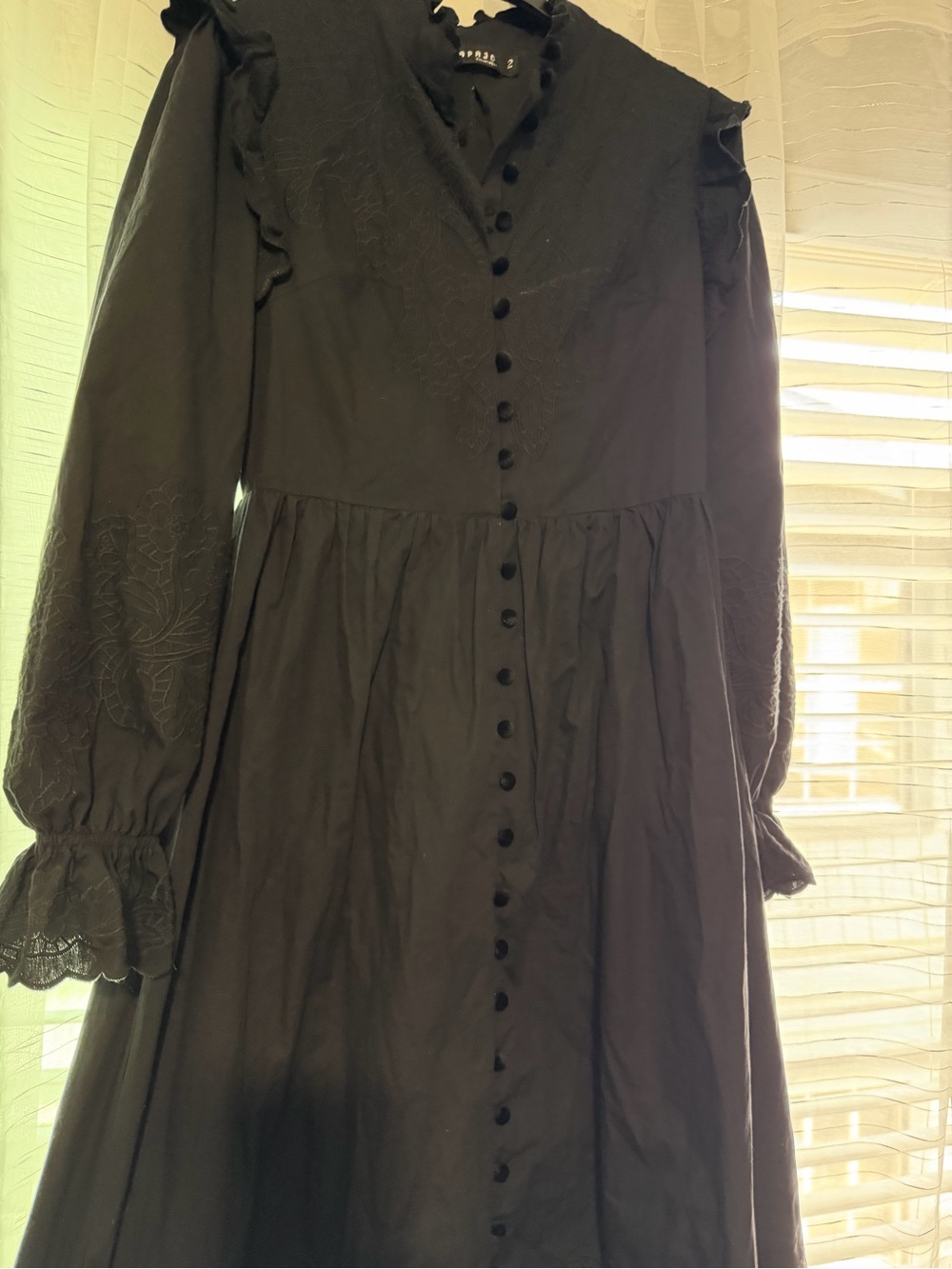 Long Sleeve Black Midi Dress with Ruffled Cuffs